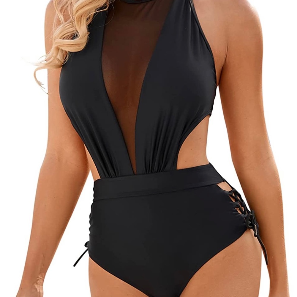 Lomitti Women's Plunge Mesh Cutout One Piece Swimsuit Side Tie Monokini